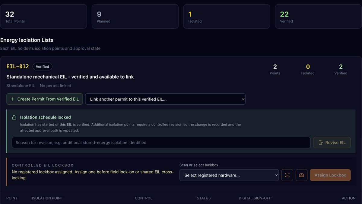 PermitSync EIL and isolation control dashboard
