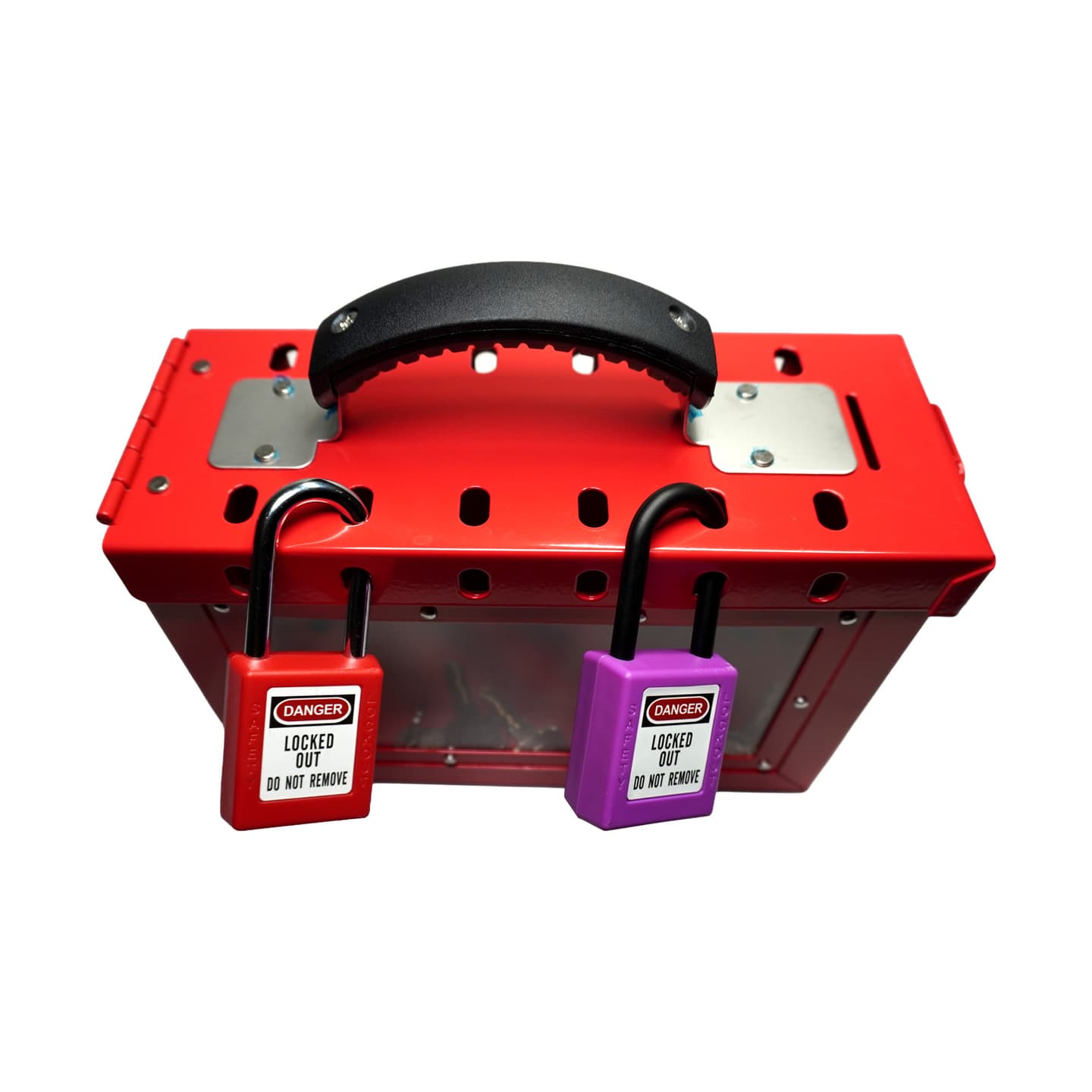 Clear-window group lockout box fitted with safety padlocks